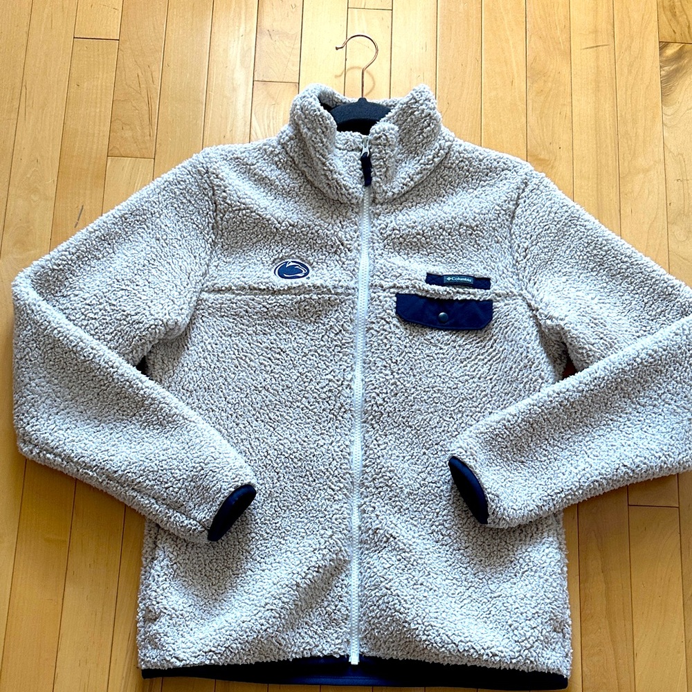 Columbia Penn State Sherpa Jacket Oatmeal Color w/Navy White Zipper Size MED
